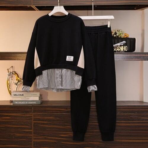 Casual plus size sports two piece suit 2021 spring patchwork top and casual pants fashion loose-fitting printed sweatshirt 2 pce