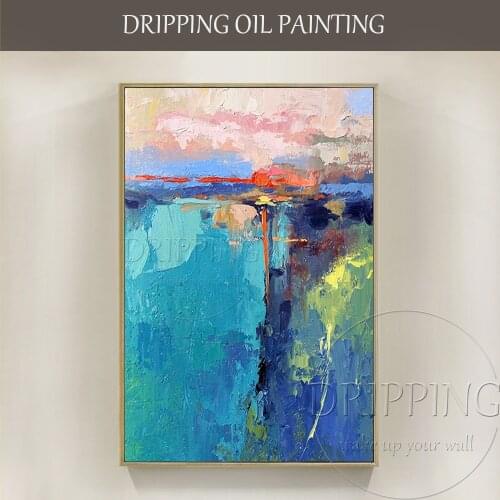 Hand-painted High Quality Modern Abstract Blue Pink and Green Oil Painting on Canvas Colorful Abstract Knife Acrylic Painting