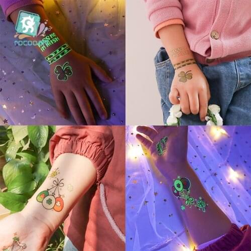 Saint Patricks Day Luminous Tattoo Sticker Ireland Four Leaf Clover Temporary Tattoos Waterproof Children Fake Tattoo