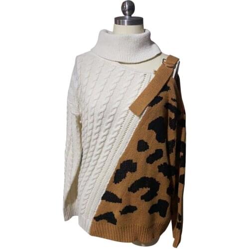 Sweater Women Leopard Patchwork Turtleneck One Shoulder Sweater Twist Knitted Pullover