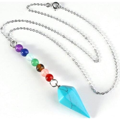 Trendy-beads Popular Silver Plated Blue Turquoises Hexagon Pyramid 7 Round Beads Healing Chakra Pendant Necklace