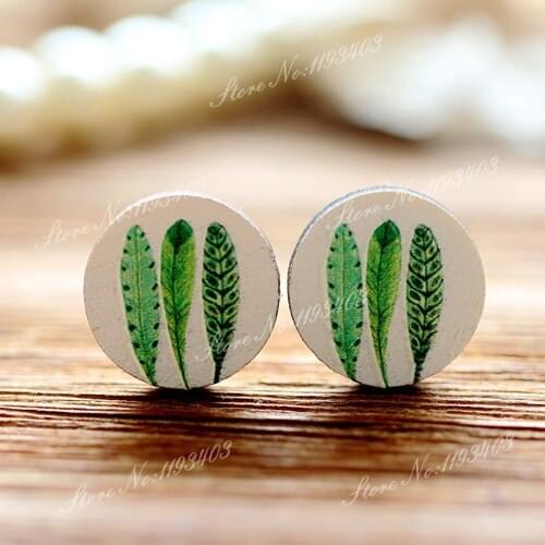 Unique 3D Feather Embossed 16mm Round Coloured Drawing pattern Laser Cut wood Cabochon DIY for Rings, Earring,Brooch,Necklace