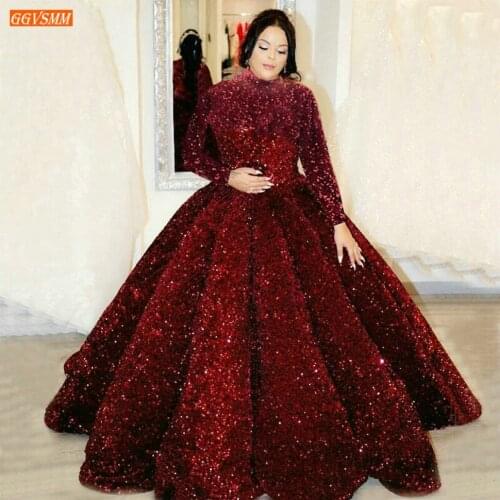 Dubai Sequined Evening Dresses Lace Up Ball Gown Fluffy Sparkly Muslim Women Party Dress Long Sleeves Custom Made Robe De Soiree