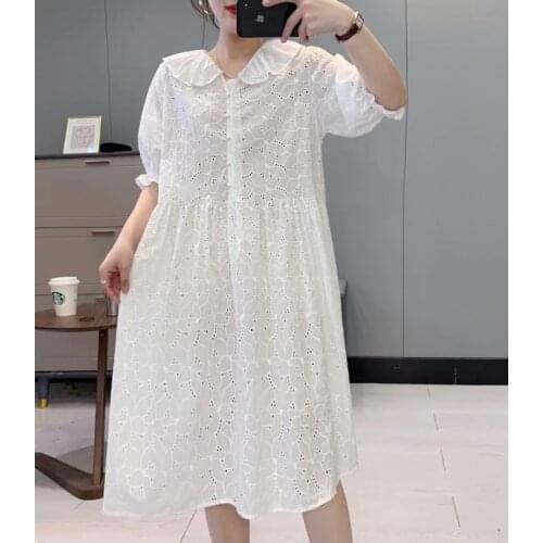 Vintage hollow out peter pan collar gentle purple white covered buttons dress cotton 100