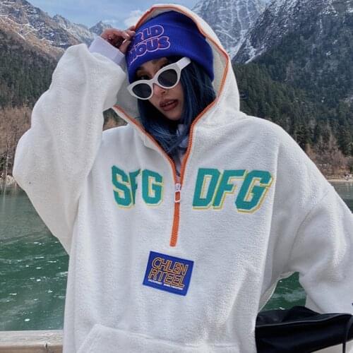 Ins Vintage Letter Embroider Grain Fleece Hoodie Women Zip Up Sweatshirt Oversized Loose Teens Girls New Korean Fashon Harajuku