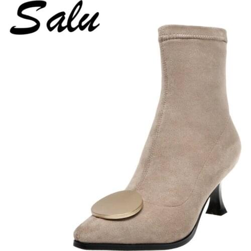 Salu Fashion High Heel Female Short Chelsea Boots Winter Warm Flock Women Ankle Boots Dancing Shoes Woman Basic Big Size