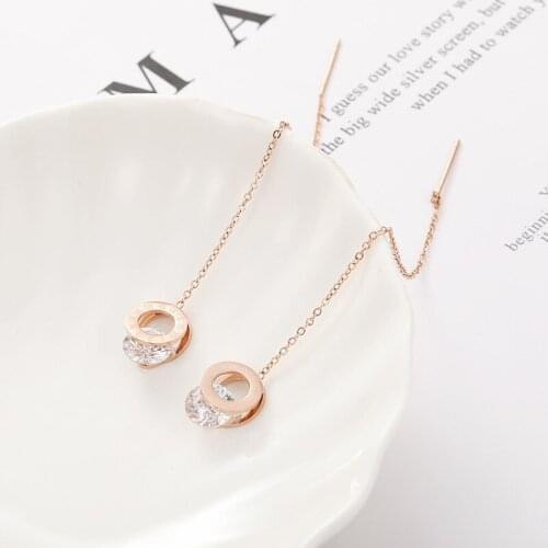 Elegant Round Roman Numerals Zircon Drop Earrings For Women Long Tassels Chain Stainless Steel Ear Line Jewelry Accessories Gift