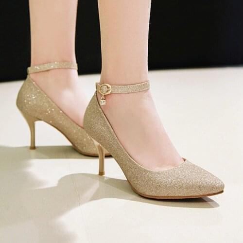 Big Size 11 12 13 14 ladies high heels women shoes woman pumps Fine-heeled sequins with one-word buckle metal decoration