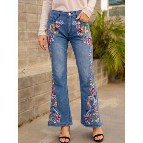 2021 Streetwear flower Embroidery skinny jeans vintage flare denim pants womens jeans femme 4XL plus size korean ropa mujer
