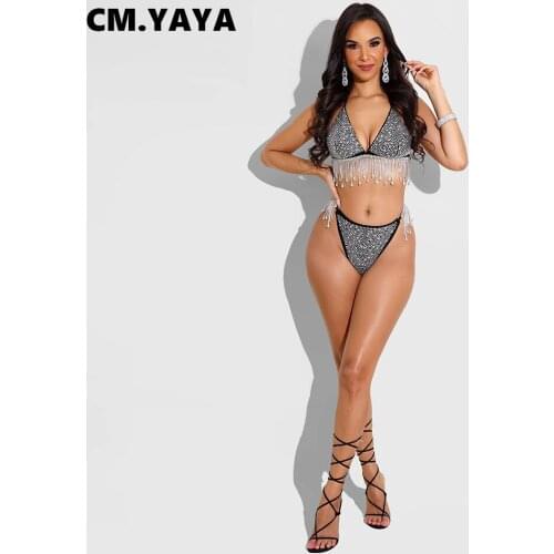 CM.YAYA Women Set Diamonds Tassel Bandage Halter Bra Tops Elastic Waist Bottoms Two 2 Piece Sets Sexy Outfits Summer Beachwear