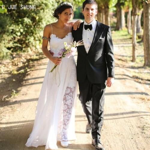 E JUE SHUNG Sexy A Line Lace Wedding Dresses Spaghetti Straps Backless Boho Wedding Gowns Beach Bridal Dresses robe de soiree