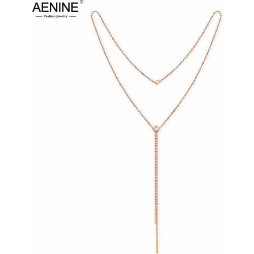 AENINE Fashion Stainless Steel Pendants Necklaces Jewelry For Women Rose Gold CZ Crystal Sweater Chain Necklace AN17070