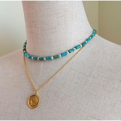 Women gemstone necklace with disc pendant natural stone Lazuline choker jewelry