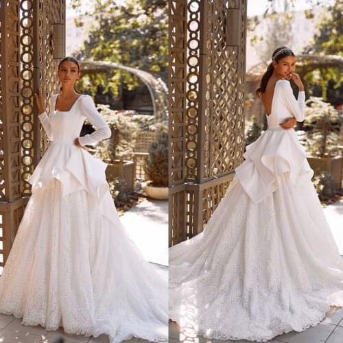 2021 New Wedding Dresses Long Sleeves Lace Appliques Bridal Gowns Custom Made Backless Sweep Train A Line Wedding Dress