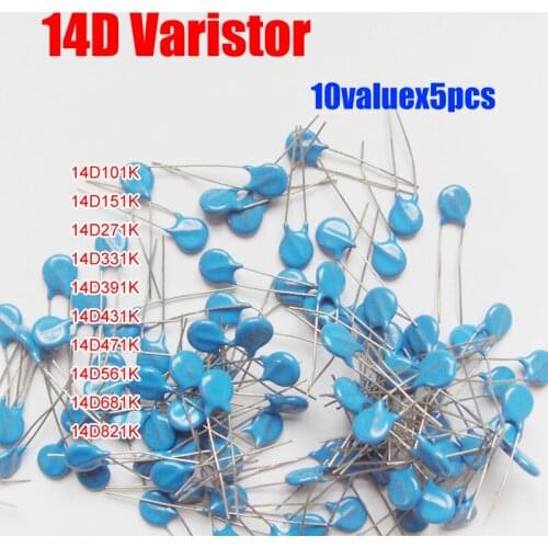 10valuesX5pcs=50pcs Voltage Dependent Resistor Kit 14D101K 14D471K 14D821K etc. Varistor Resistor Pack