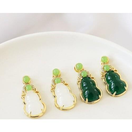 2pcs Vintage gourd transfer Copper and resin pendant green auspicious pendant Female jewelry necklace earrings accessories