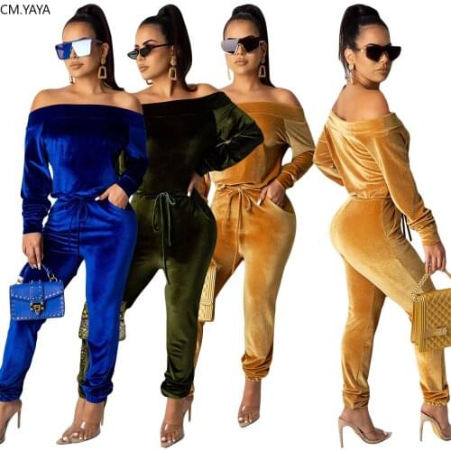 2019 New Winter Womens Set Velvet Slash Neck Full Sleeve Top Pants Suit Two Piece Set Sexy Night Club Party Tracksuits YY5135