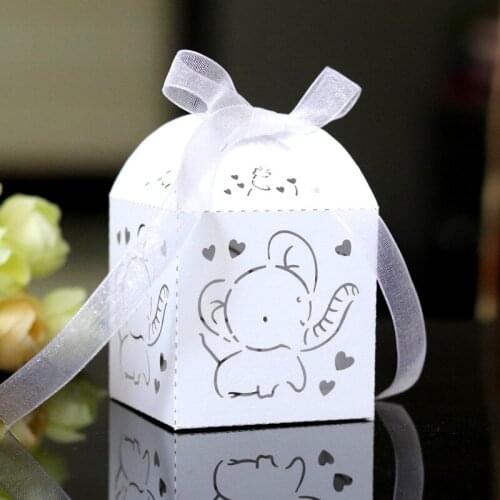 50/100pcs Elephant Laser Cut Carriage Favors Cookie Box with Ribbon Candy Dragee Gift Boxes Baby Shower Communion Decoration