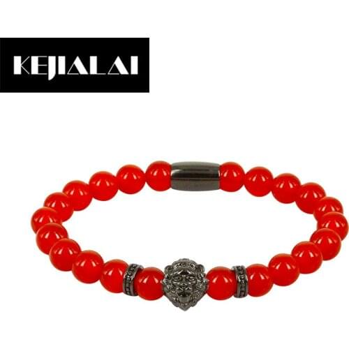 KEJIALAI Fashion Men Jewelry Lion Head Charm Bracelet Colorful Natural Stone Beads Best Birthday Gift for Boyfriend Father Boys