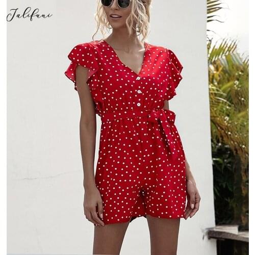 Womens Casual Summer Rompers Jumpsuit Ruffle Short Sleeve Clothing One Piece Beach Outfits Belt 2020 Red Clothes Women Playsuit