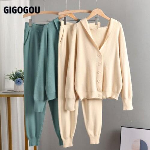 GIGOGOU Autumn Two/2 Piece Set Women Cardigan Sweater Tracksuits Batwing Sleeve Hooded Cardigan Winter Harem Carrot Pants Suits
