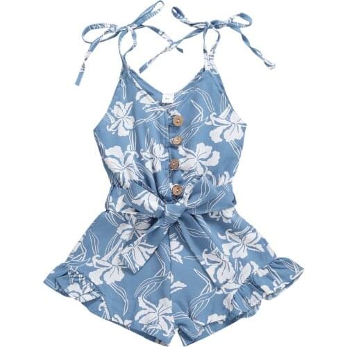 2-6Years Kid Girls Summer Floral Printed Tied Spaghetti Straps Sleeveless V-Neck Short Jumpsuits