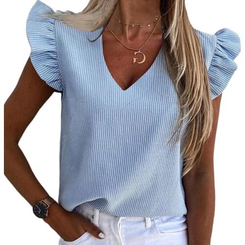 Fashion Lady Summer V Neck T-shirt Solid Ruffled Short Sleeve Casual tee Top T shirts female women