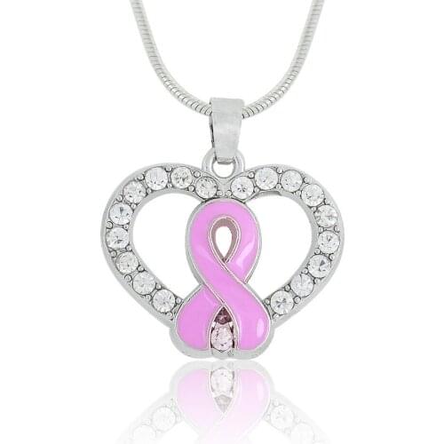 RAINXTAR Fashion Pink Ribbon Heart Pendant Alloy Necklaces For Cancer Awareness FN043