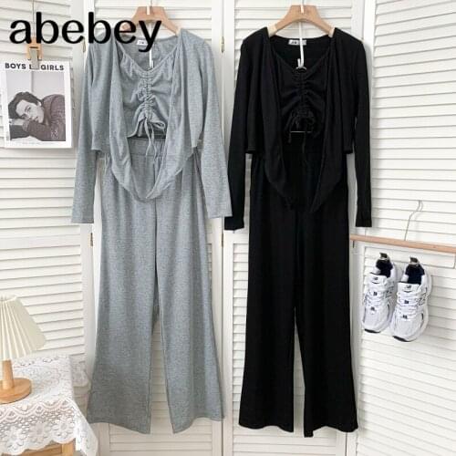 Fashion long sleeve cardigan Top + high waist wide leg Pants two-piece set with drawstring short Camisole 2021 New Spring Autumn