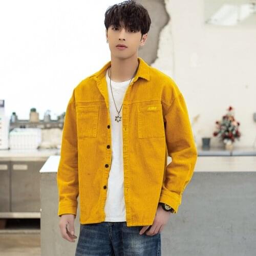 Mens Corduroy Shirt Spring and Summer Fashion Shirt Jacket Double Bag Solid Color Classic All-match Outerwear Harajuku Shirt