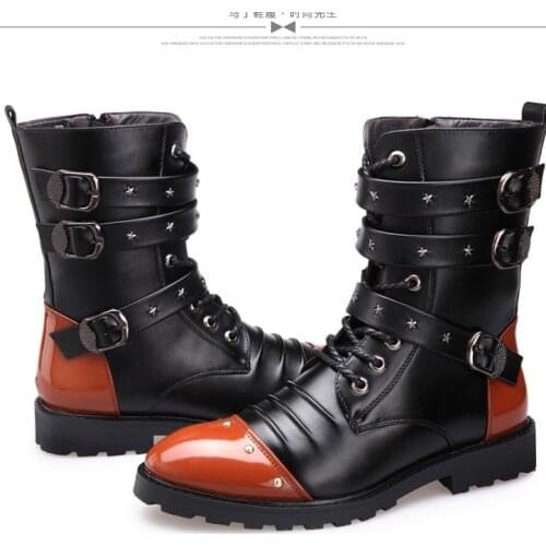 New Style Autumn Winter Punk Boots Men Fashion Microfiber Leather Motorcycle Boots Black Vintage High Top Buckle Boots