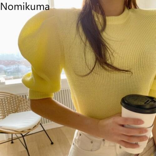 Nomikuma 2020 New Knitted Sweet Puff Short Sleeve Tops Korean O-neck Slim Knitwear Fashion Solid Womens Pullover Sweaters 6B230