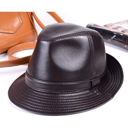 New Womens Mens 100% Real Leather Sheep Skin Top Hat gentleman cap Fedora Hats/Caps