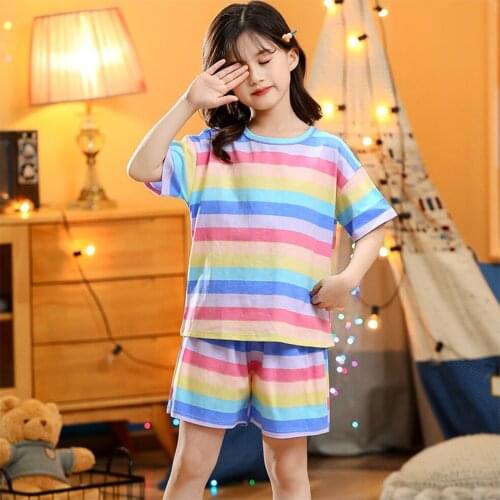 Newest Summer Rainbow Stripes Sleepwear Set for Girl Baby Pajama Suits Soft Nighties for Kids Child Girls Nightwears Toddler Pjs