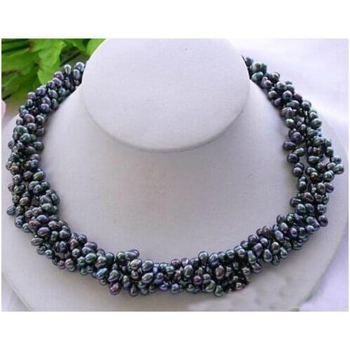 4Rows 6-7mm Black Rice Freshwater Cultured Pearl Necklace,Shell Flower Clasp,Perfect Women Chirstmas Gift Pearl Jewellery