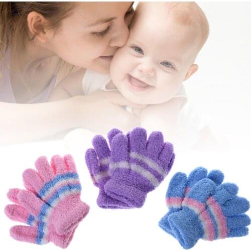 1 Pair Baby Gloves Warm Winter Full Finger Thermal Coral Fleece Kids Boys Girls Colorful Stripe Soft Elastic Solid GXMB
