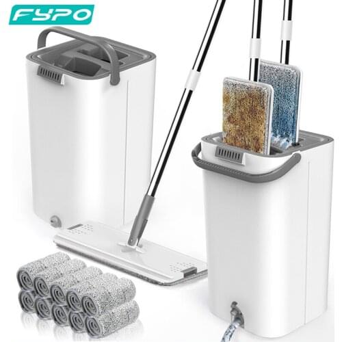 Fypo Flat Floor Mop and Bucket System, 153cm long Stainless Steel Handle Microfiber Mop for Floor Cleaning Easy Squeeze Mop