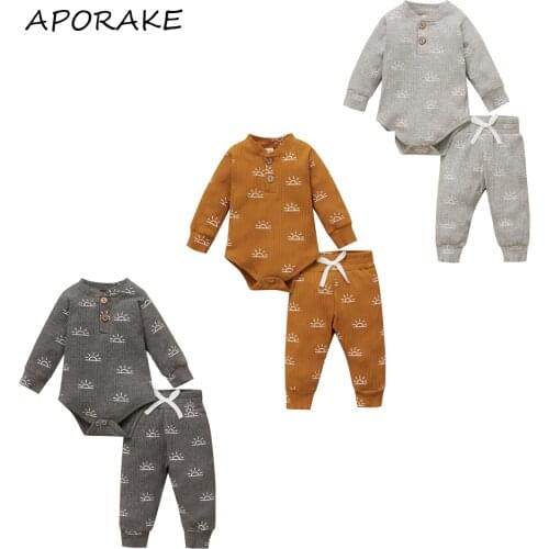 2021 0-18M Casual Boys Girl Clothing Sun Print Button Long Sleeve Romper+Bow Pants Casual Toddler Spring Autumn 2pcs Outfits