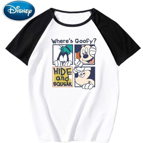 Disney Stylish Mickey Mouse Dog Cartoon Print O-Neck Pullover Short Sleeve Contrast Color T-Shirt Unisex Loose Tee Top 8 Colors