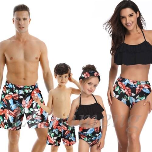 Family Look Leaf Swimsuits Mother Daughter Matching Swimwear Father Son Swim Shorts Mommy and Me Bathing Suits Clothes Outfits