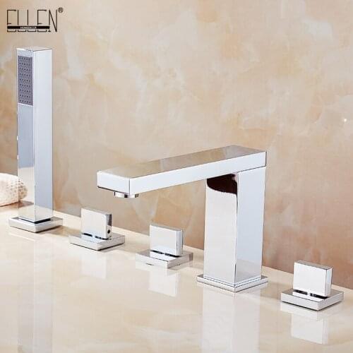 ELLEN Solid Brass Bathroom Bathtub Faucets 5 Holes Bath Shower with Hand Shower Deck Mount Water Mixer Tap Chrome ELB110