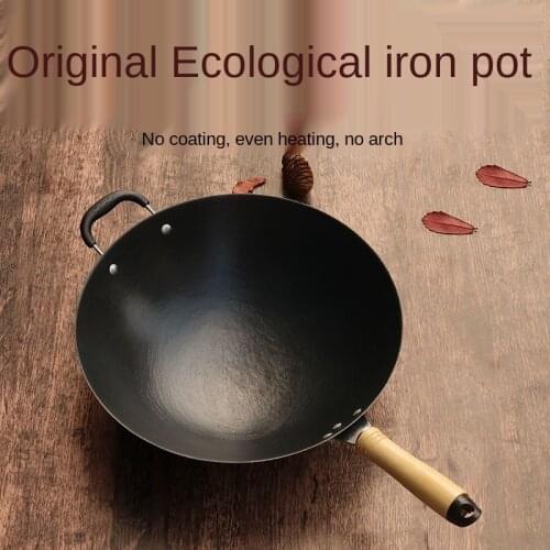 Old-Fashioned a Cast Iron Pan Wok Rural Household Non-Coated Non-Stick Pan Induction Cooker Gas Stove Cooking Pot