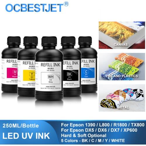 250ML 5Bottles/Set LED UV Ink For DX4 DX5 DX6 DX7 Printhead For Epson 1390 R1800 R1900 4800 4880 7880 9880 UV Flatbed Printer