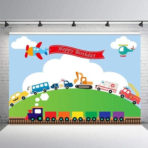 Transportation Birthday Party Backdrop Automobile Train Planes Car Truck Boy 1st Birthday Blue Sky White Cloud Green Lawn Booth