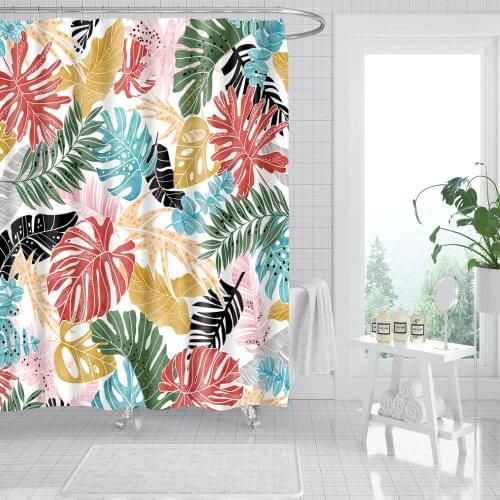 Tropical Shower Curtain Colored Palm Leaves Fashion Bath Accessories with 12 Hooks Waterproof Polyester Fabric Bathroom Decor