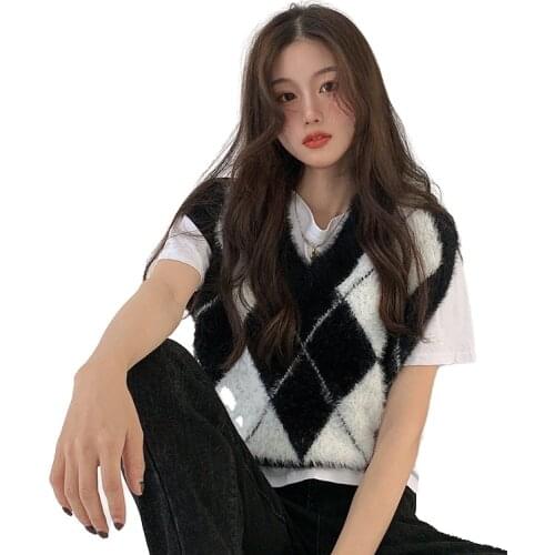 Vintage Argyle Womans Vest Korean Casual V-Neck Hit Color Sleeveless Sweater Female All Match Knit Gilet Antumn Winter Clothes