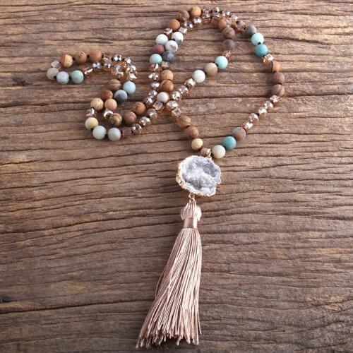RH Fashion Boho Jewelry Natural Stones Long Knotted Chain Druzy Stone Tassel Necklaces Dropship