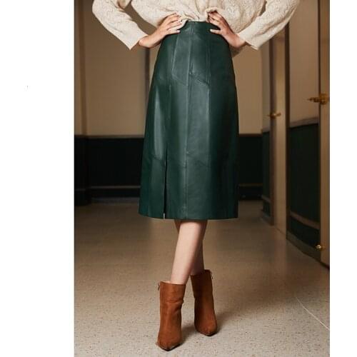 Genuine Leather Women Luxury Runway Designer Elegant Natural Real Sheepskin Long A-Line Lady Skirt Female Green Plus Size
