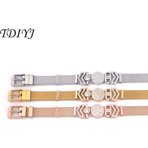 TDIYJ 21CM Women Mesh Armband Set with Chevron Cut Out Geo Bar MOM Bezel Solitaire Keeper Slide Charms Bracelet Jewelry as Gift