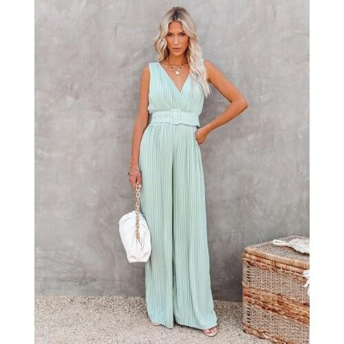 2021 summer new womens jumpsuit pleated wide-leg waist belt belt solid color drape mopping jumpsuit women